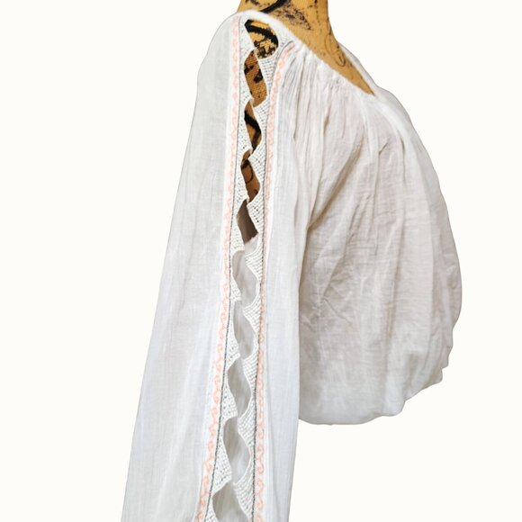 Free People FP One White Boho Peasant Blouse Cutout Lace Trim Cotton Top Women S - Picture 5 of 9